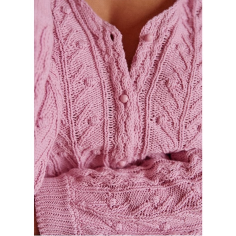SEZANE Rose Pink Lilac Pom Pom Texture Cableknit Balloon Sleeve Beryl Cardigan - Picture 5 of 15